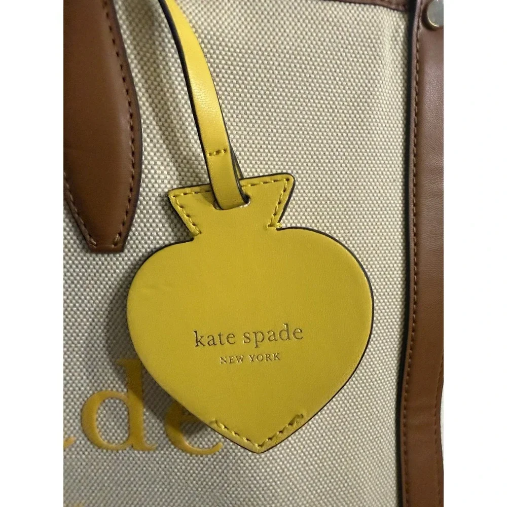 Kate Spade NY Large Market Tote Bag Beige Canvas,‎ Brown Leather Yellow